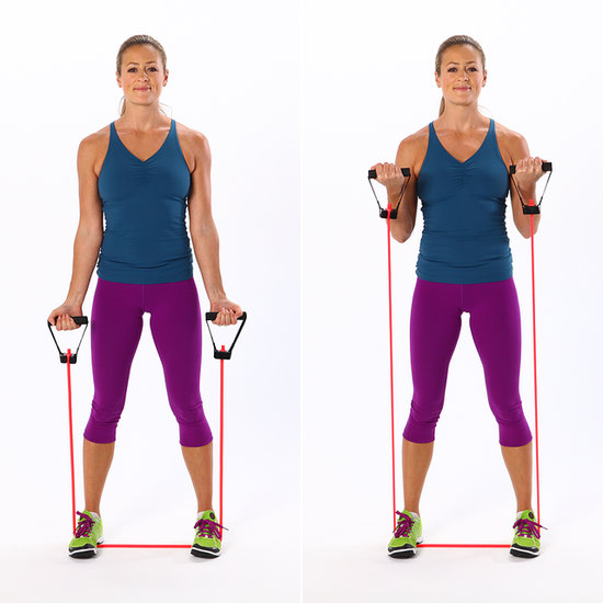 resistance band curl up standing