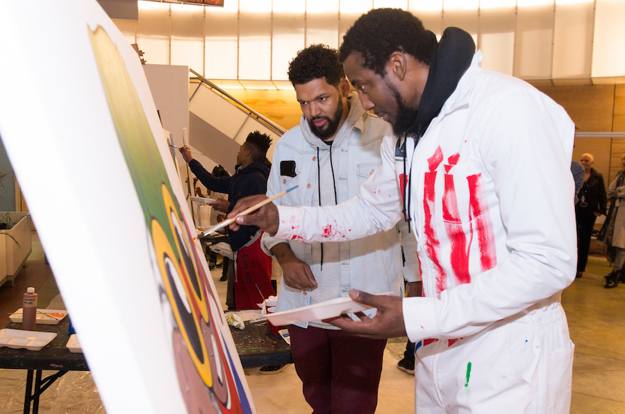 CHICAGO, ILLINOIS - JANUARY 24:  Hebru Brantley and Amar'e Stoudemire attend Amar'e Stoudemire and Melech Collection present 'In The Paint' Series #2 with Hebru Brantley at Little Black Pearl School on January 24, 2016 in Chicago, Illinois.  (Photo by Daniel Boczarski/Getty Images for Amar'e Stoudemire)