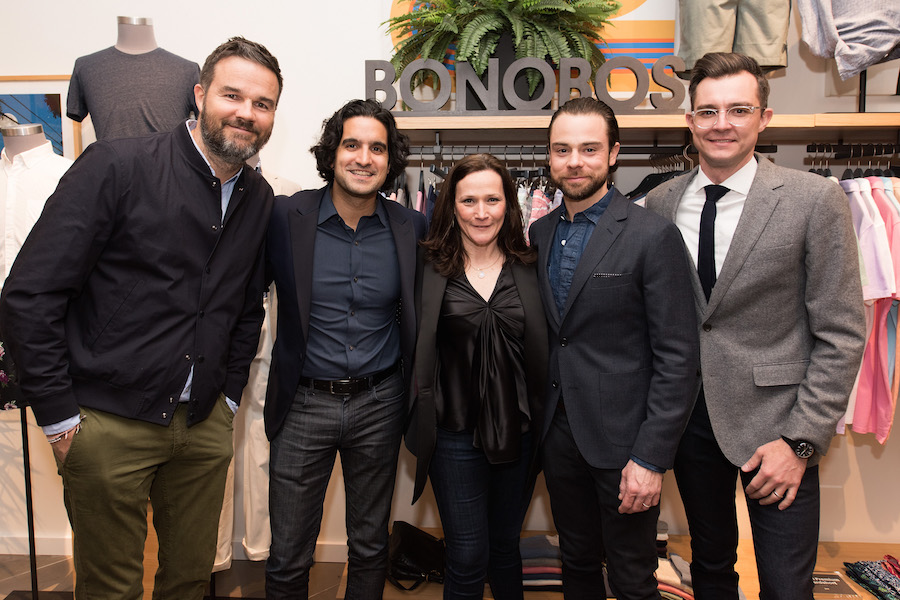 CHICAGO, IL - APRIL 20:  Vice President of Design at Bonobos Dwight Fenton, CEO & Founder at Bonobos Andy Dunn, Chief People Officer at Bonobos Sara Patterson, Chief Merchandising Officer for Bonobos Brad Andrews and Chief Revenue Officer at Bonobos Erin Ersenkal attend Bonobos Michigan Avenue Launch Party at Bonobos Guideshop on April 20, 2016 in Chicago, Illinois.  (Photo by Daniel Boczarski/Getty Images for Bonobos)