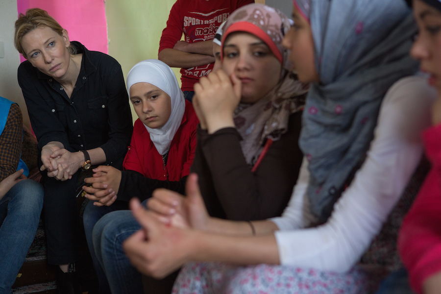 Cate Blanchett (UNHCR High Profile Supporter) at Mazboud Community Center. Young Syrian refugees participate in drama workshop on the topic of early marriage at the Mazboud Community Center Chouf. The center run by NGO INTERSOS and supported by UNHCR provides services to refugees including child protection and activities aimed at combating sexual and gender based violence. ;